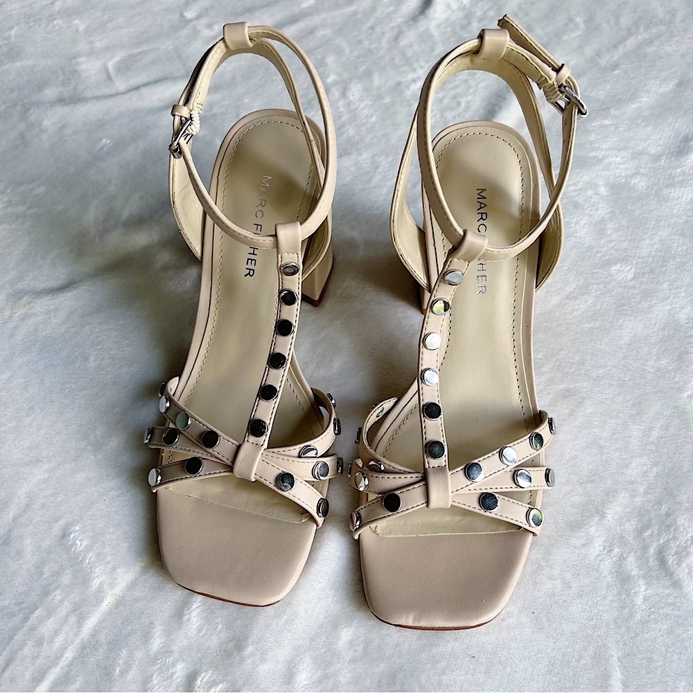 Marc Fisher Beige Nude Silver Studded Block Heel